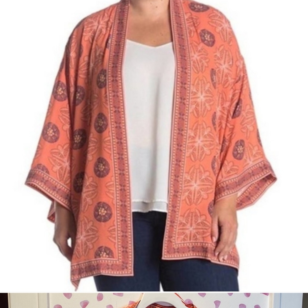 Max Studio Coral Blush Medallion Print Open Front Long Sleeve Kimono Jacket M